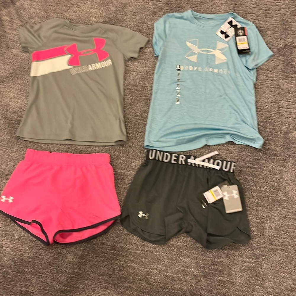2 sets of Under Armour shorts and T-shirt/ blue and gray set with tags